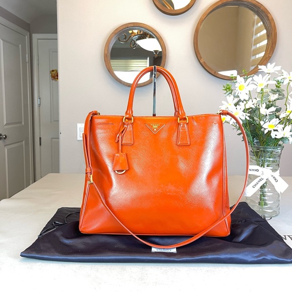 Prada Handbags - Prada Orange Patent Leather Large Totes Shoulder Bag